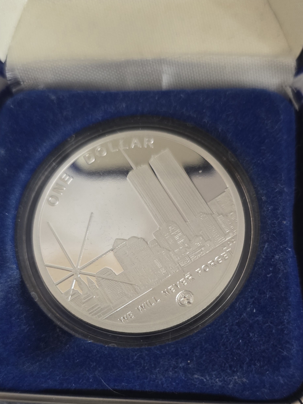 Twin Towers Commemorative Silver Tone Coin - Blue Display Case